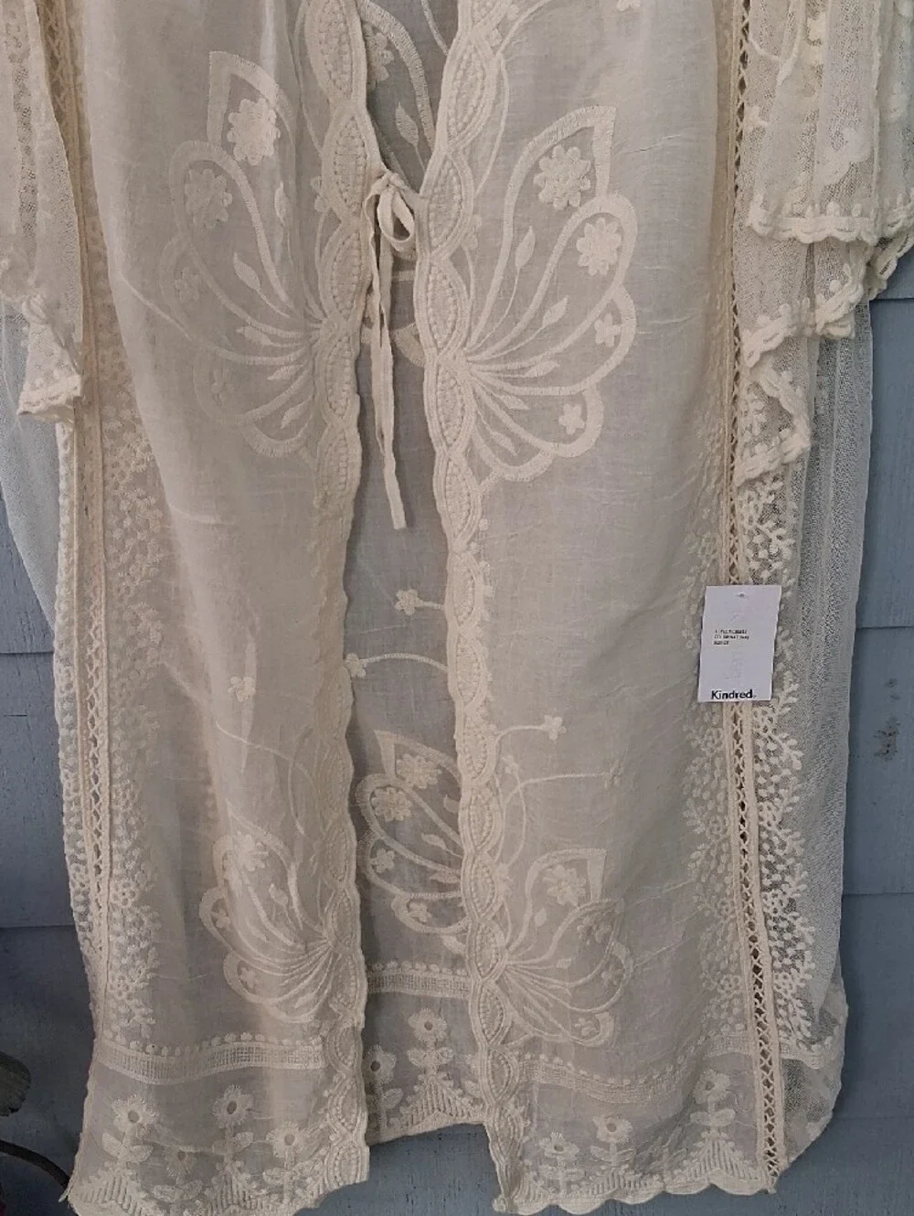 Cream Embroidered Sheer Tie Front Blouse NWT